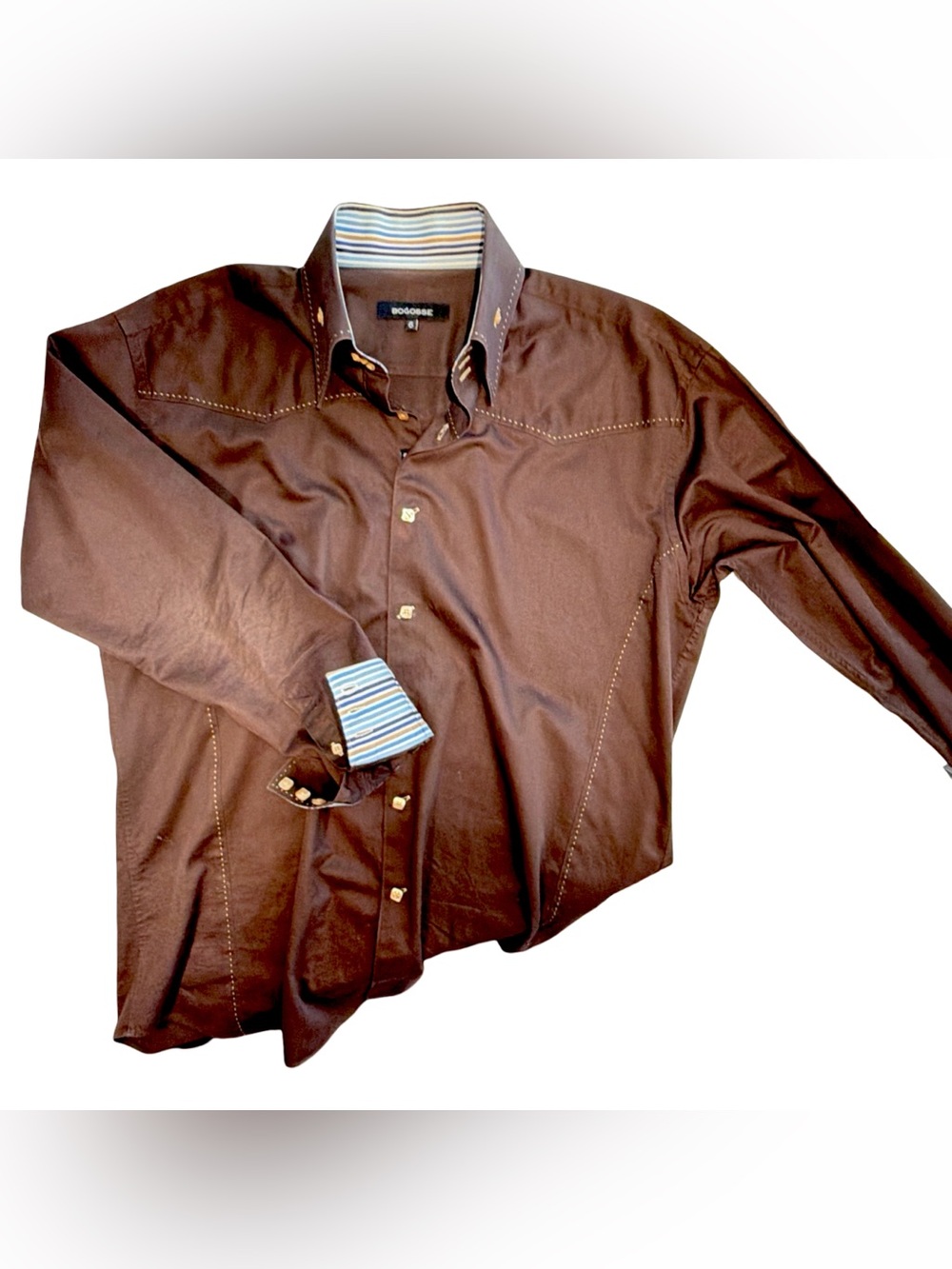 BOGOSSE Men’s Casual Button-Down Shirt with Contrast Stripe Lining & Cuffs - Picture 3 of 16